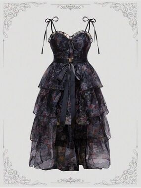 Tiered Black Floral Midi 2 in 1 Dress with detachable skirt